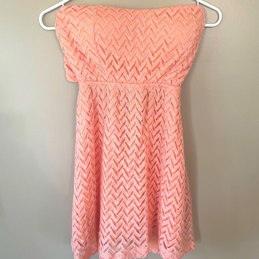 Peach Strapless Mini Dress with Bow Tie Back